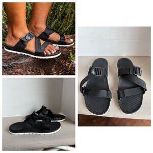 Chaco Women’s Sz 9 Black Cross-Strap Lowdown Slide Sandals with White Outsole